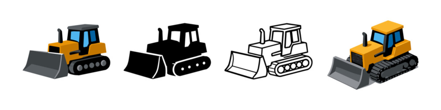 Set of four bulldozer icons in different styles and colors for construction projects