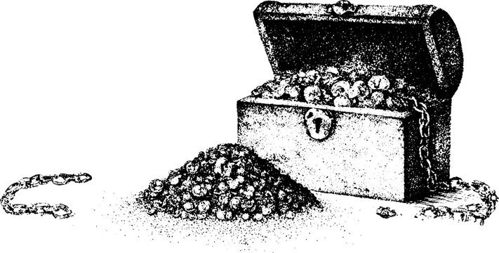 Treasure chest spilling coins beside loose chain on surface