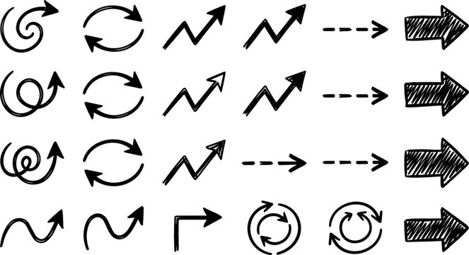 Hand drawn black arrow vector set collection featuring doodle sketch pointers reload loops dashed lines and growth chart indicators isolated on white background