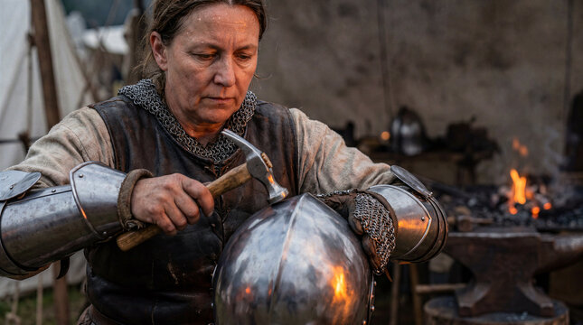 Woman blacksmith crafting medieval armor helmet by hammer