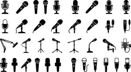 Microphone black silhouette vector icon set collection featuring vintage studio vocal dynamic and podcast mics isolated on white background for audio logo design © MstHura