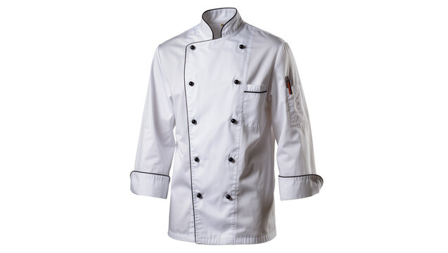Classic white chef jacket with black piping and buttons, isolated on transparent background