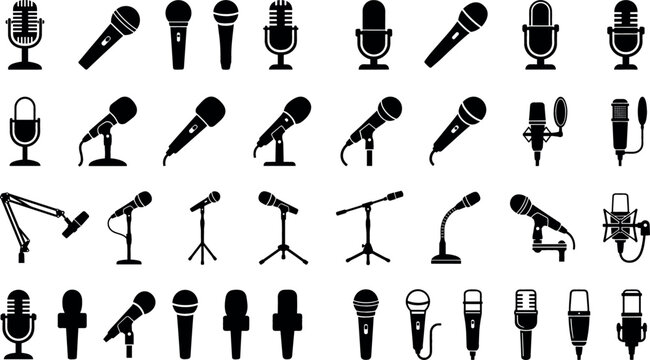 Microphone black silhouette vector icon set collection featuring vintage studio vocal dynamic and podcast mics isolated on white background for audio logo design