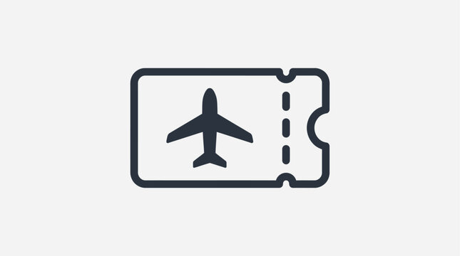 A clean, minimal, single-color icon representing an airplane ticket, perfect for travel booking and flight information websites