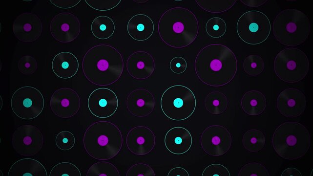 glowing neon vinyl records abstract background with futuristic purple and cyan lighting, futuristic spinning vinyl disc pattern with retro neon glow aesthetic music backdrop 4k