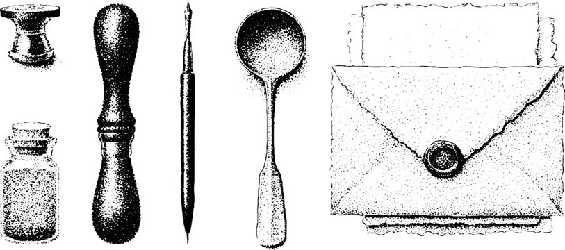 Writing tools and wax sealed envelope arranged on paper