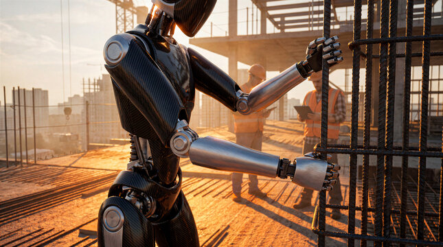 Robot working on rebar at construction site