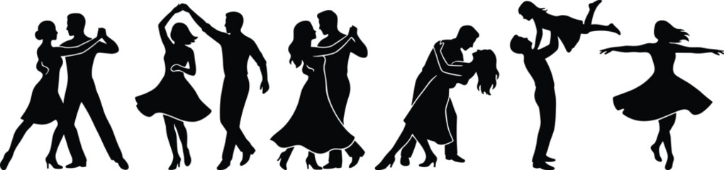 Silhouetted dancers in black performing various ballet and contemporary dance moves silhouettes desi © MSTMOMOTAJ