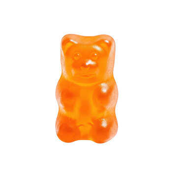 Bright orange chewy gummy bear candy isolated on transparent background