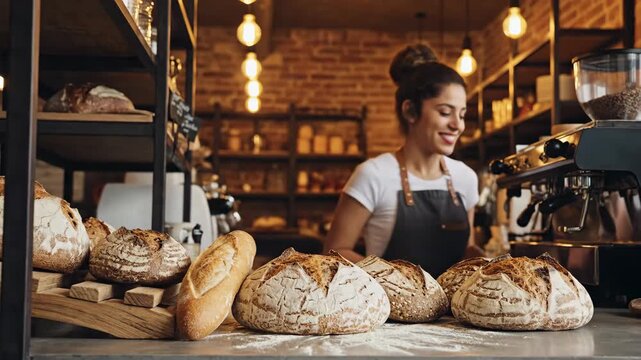 smiling caucasian woman baker holding fresh baguette and sourdough bread at bakery counter. small business owner in apron working in cafe. food shop interior with warm lights. pastry market.