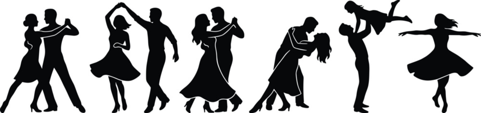 Silhouetted dancers in black performing various ballet and contemporary dance moves silhouettes desi