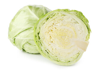 Fototapeta premium Whole and cut fresh cabbages isolated on white