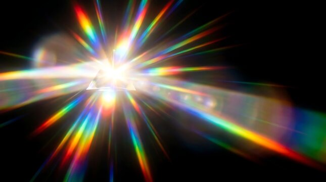 Radiant colorful prism burst with lens flare effect on black background