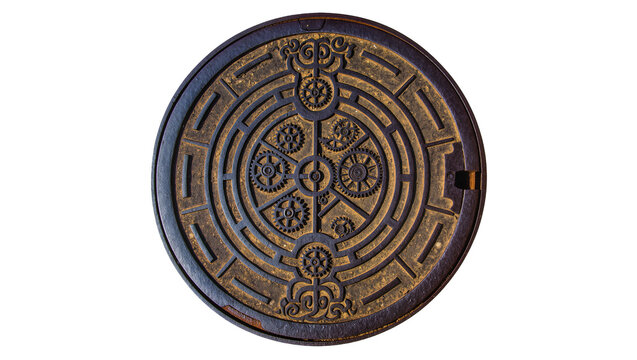 Ornate circular metal manhole cover with gear pattern, isolated on transparent background