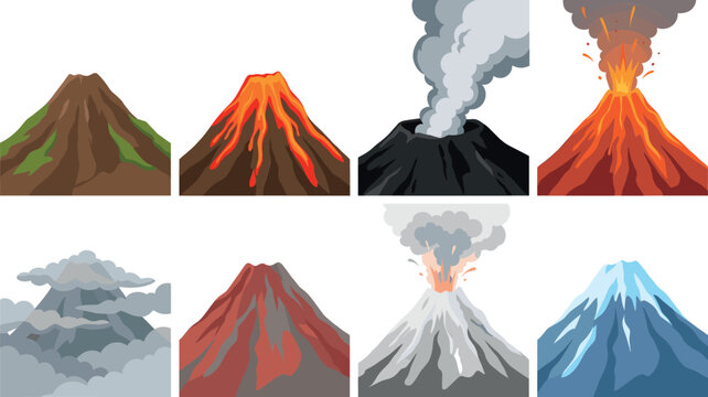 Volcano eruption stage vector set collection featuring active magma flowing lava ash smoke clouds and snow mountain peaks isolated on white background
