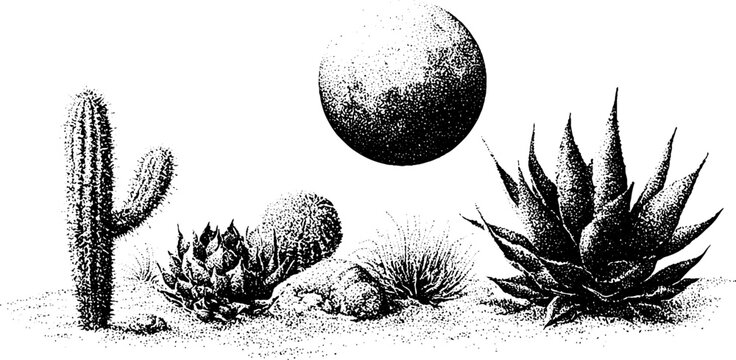 Cactus and agave plants clustered in desert landscape with sun