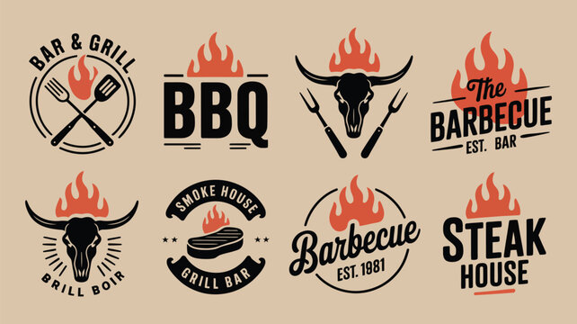 Vintage BBQ Emblems Set Featuring Rustic Retro Barbecue Logo Designs for Restaurant Branding Grill House and Barbecue Event Identity