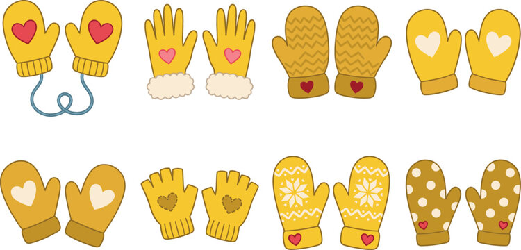 Yellow winter mittens and gloves vector set collection featuring cozy knit gloves with hearts snowflakes and patterns isolated on white background for Christmas design