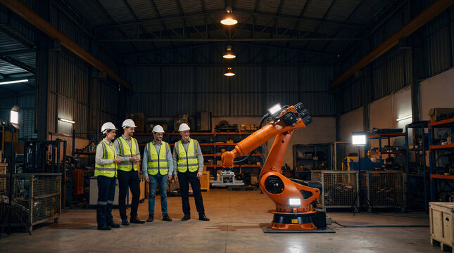 Engineers and factory workers analyzing industrial robot arm