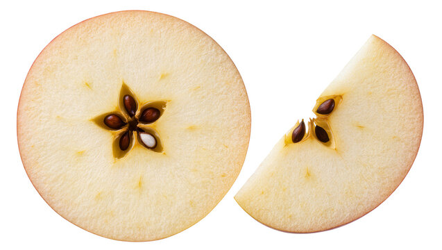 Round and triangular apple slices showing star-shaped core with seeds, isolated on transparent background