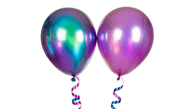 Two iridescent balloons with curly ribbons, isolated on transparent background
