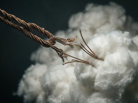 Braided metal wire begins to fray unraveling into soft white cotton symbolizing strength yielding to gentleness.