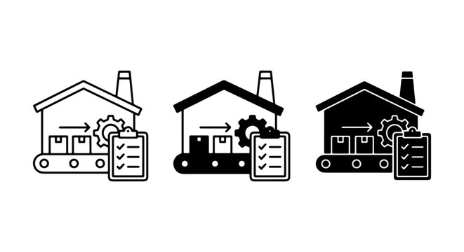 Factory Production Line Icons, Industrial Process Workflow, Manufacturing Conveyor Belt Icons