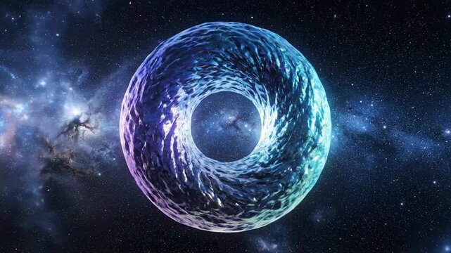 A surreal cosmic donut floats in space, revealing a view through a hole