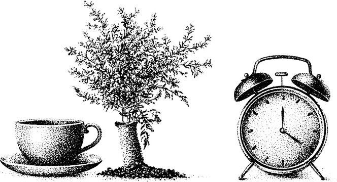 Cup, potted tree and alarm clock arranged on white background