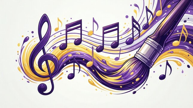 Paint brush releasing musical notes and colorful flowing strokes