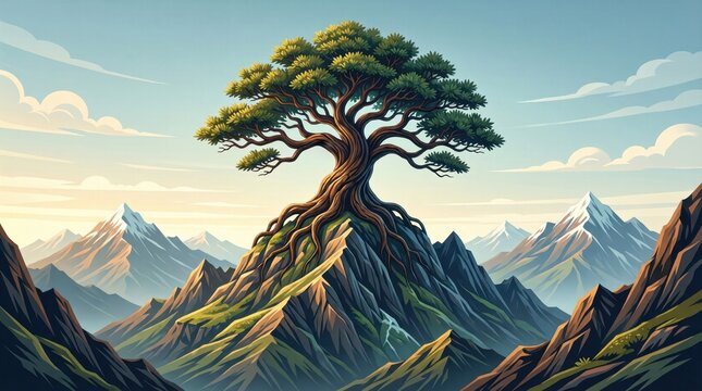 Ancient tree anchoring mountain ridge overlooking distant peaks