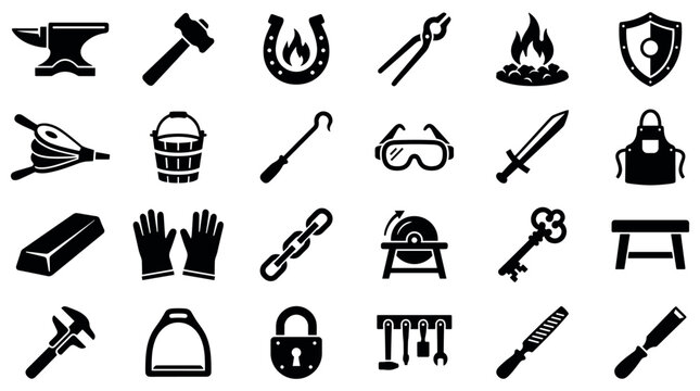 Icon set for blacksmith tools and metalworking forge equipment used for medieval weapon crafting and ironwork design layouts
