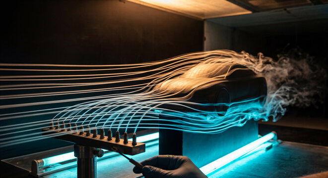 Car aerodynamic design testing in wind tunnel with smoke