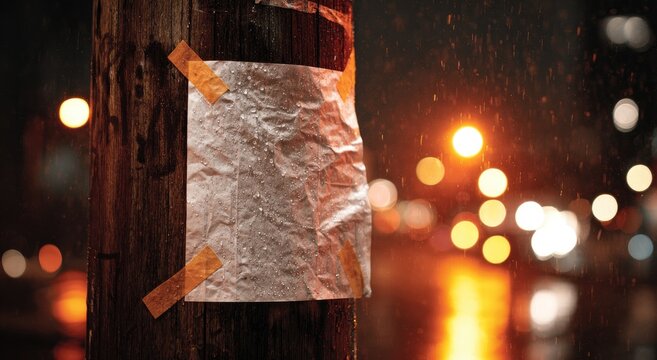 Weathered notice on a wooden post at night, bokeh lights, rain
