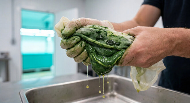 Hands squeezing green algae biomass for oil extraction