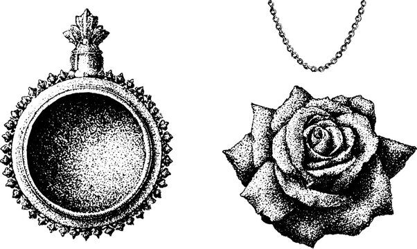 Round locket frame and rose pendant displayed on white background