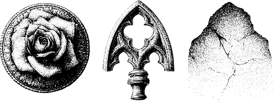 Medallion rose, spearhead finial, cracked leaf on panel