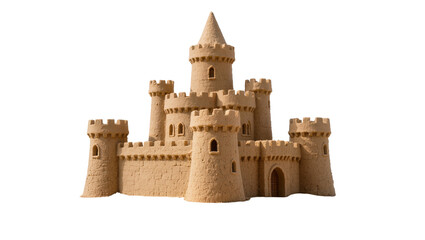 Intricate sandcastle with multiple towers and crenellations, isolated on transparent background © Elena
