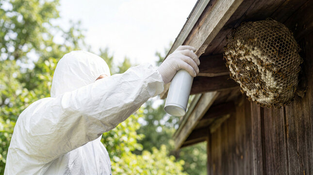 Pest control technician in protective suit spraying wasp nest on wooden eave