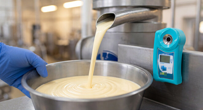 Cream flowing into steel bowl at dairy processing plant with refractometer