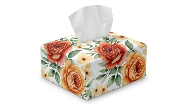 A box of tissues adorned with a floral pattern featuring roses