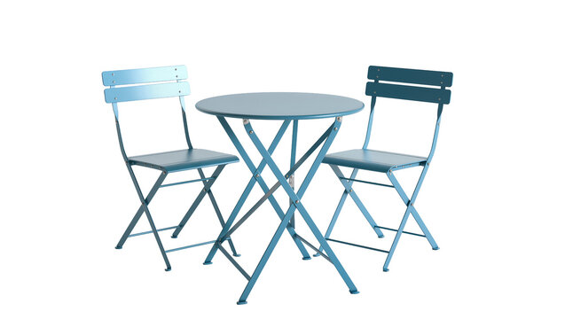 Blue metal bistro table and chairs set folded for storage, isolated on transparent background