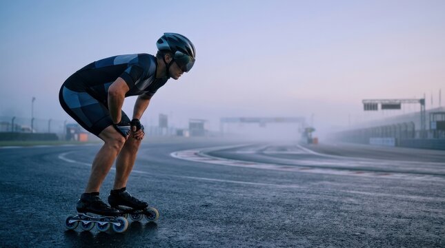 Professional inline skater preparing for a race on a misty asphalt track, athlete training for a competitive speed skating championship event at dawn