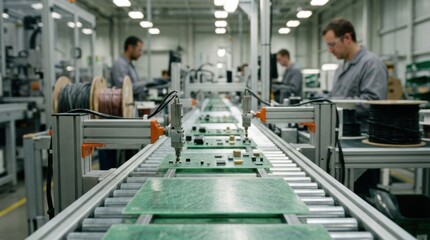 Fototapeta premium Industrial process focusing on greentinted bioderived substrate boards showcasing sustainable assembly line for recyclable electronic components with advanced technology.