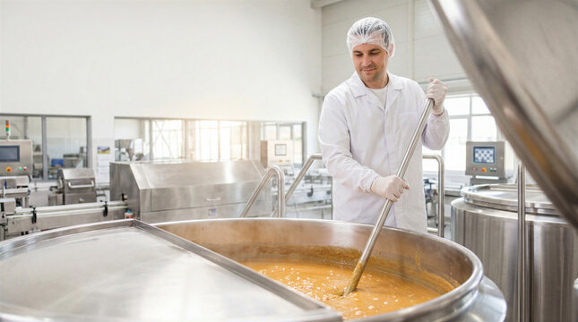 Food technician stirring large stainless steel vat in industrial processing facility