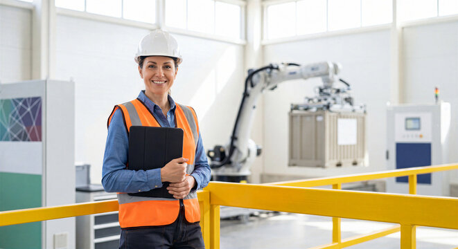 Female engineer smiling with tablet in modern automated factory