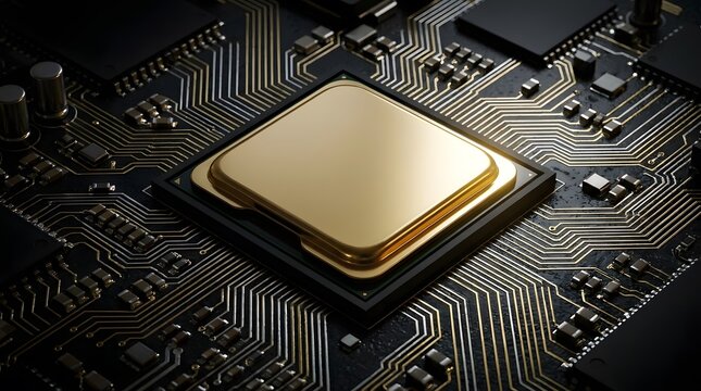 Computer processor chip on circuit board close-up