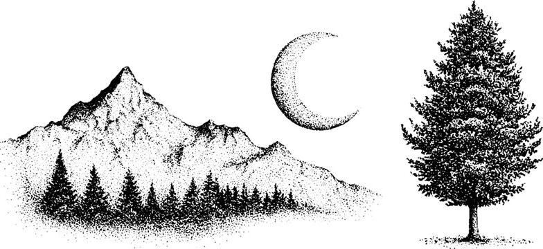 Mountain peaks with crescent moon and solitary pine