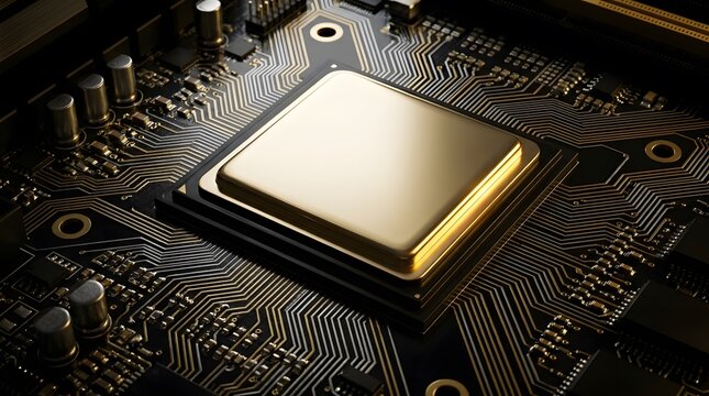 CPU processor on computer motherboard, close-up