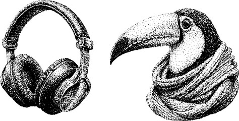 Fototapeta premium Headphones and toucan with scarf on white background